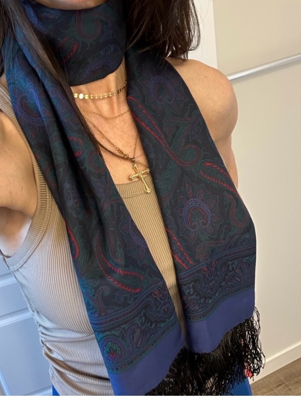 💯 Silk Scarf in Navy with Teal & Burgundy Accents